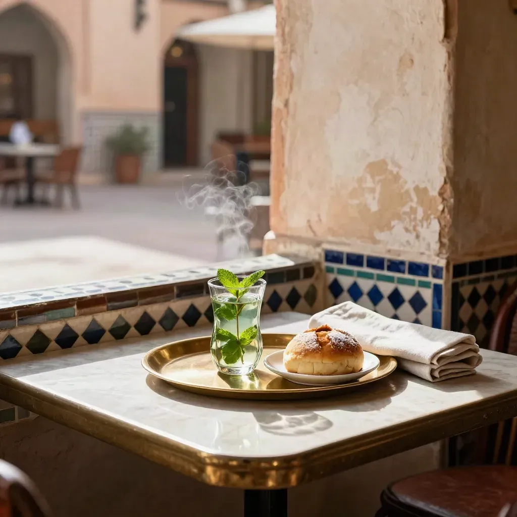 Mint tea and a sweet bun on a Marrakesh café table in warm afternoon light