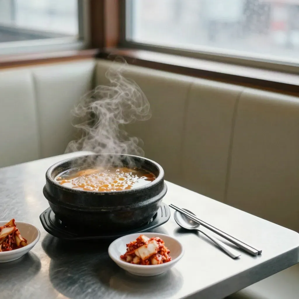 Steaming Seoul soup bowl with kimchi and chopsticks by a frosted window