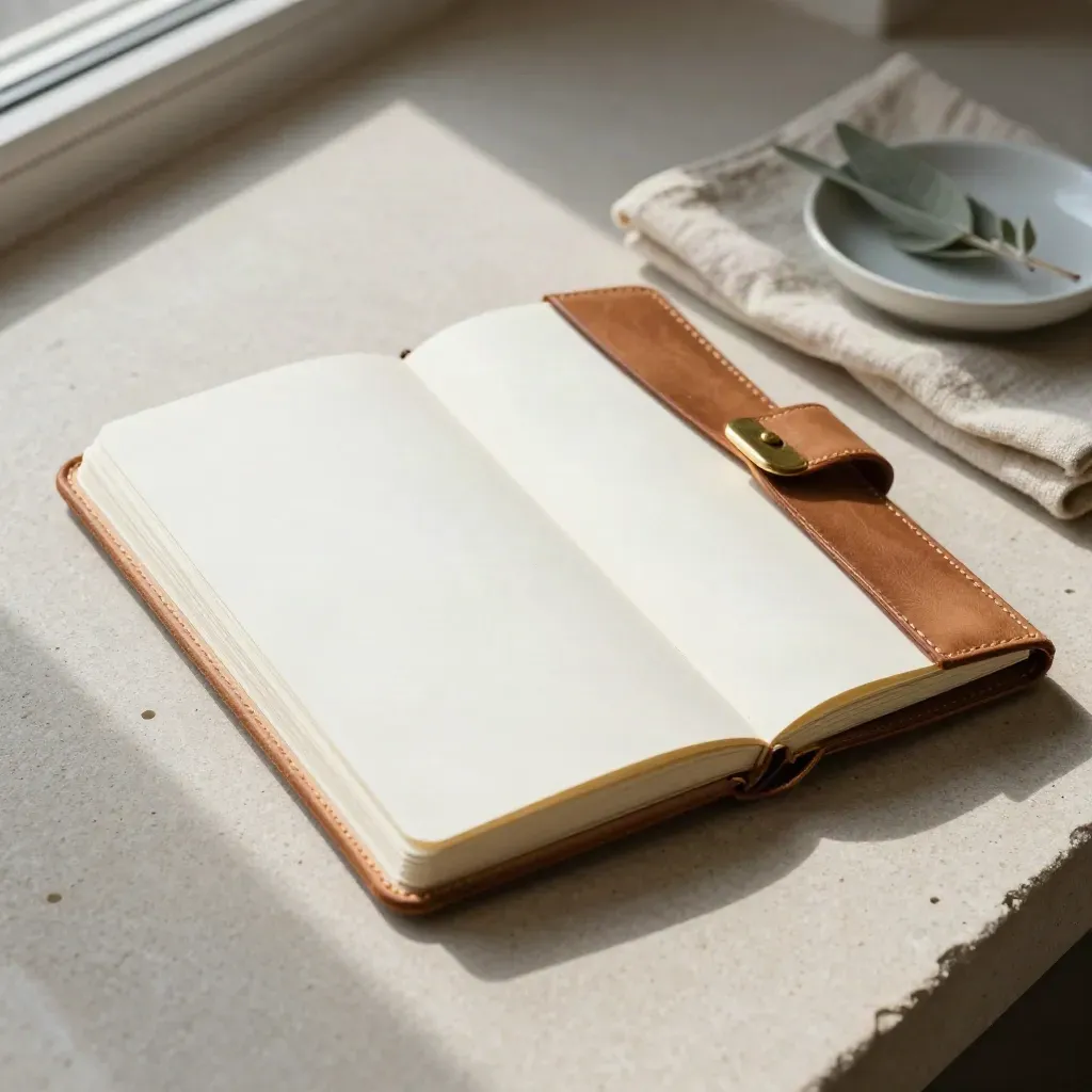 Leather city guide notebook with linen, ceramic dish, and brass clip on pale stone.
