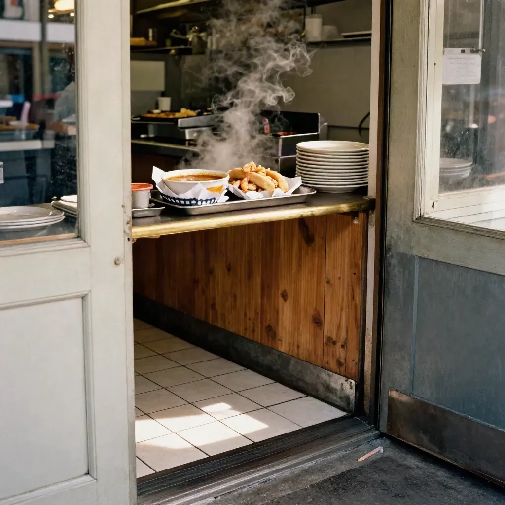 Po'boy basket and gumbo bowl at a New Orleans lunch counter doorway, steam and tiles