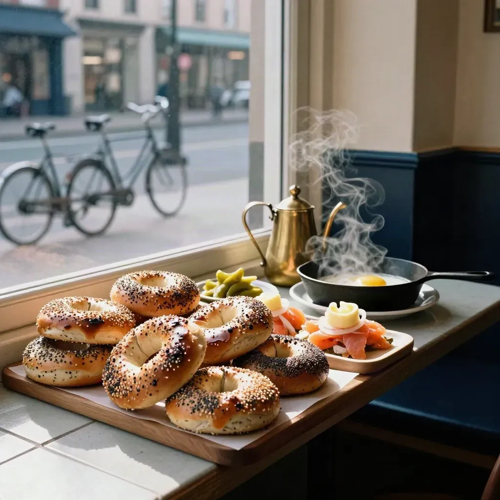 Montreal brunch room with bagels, eggs, and bicycle reflections in winter window light.