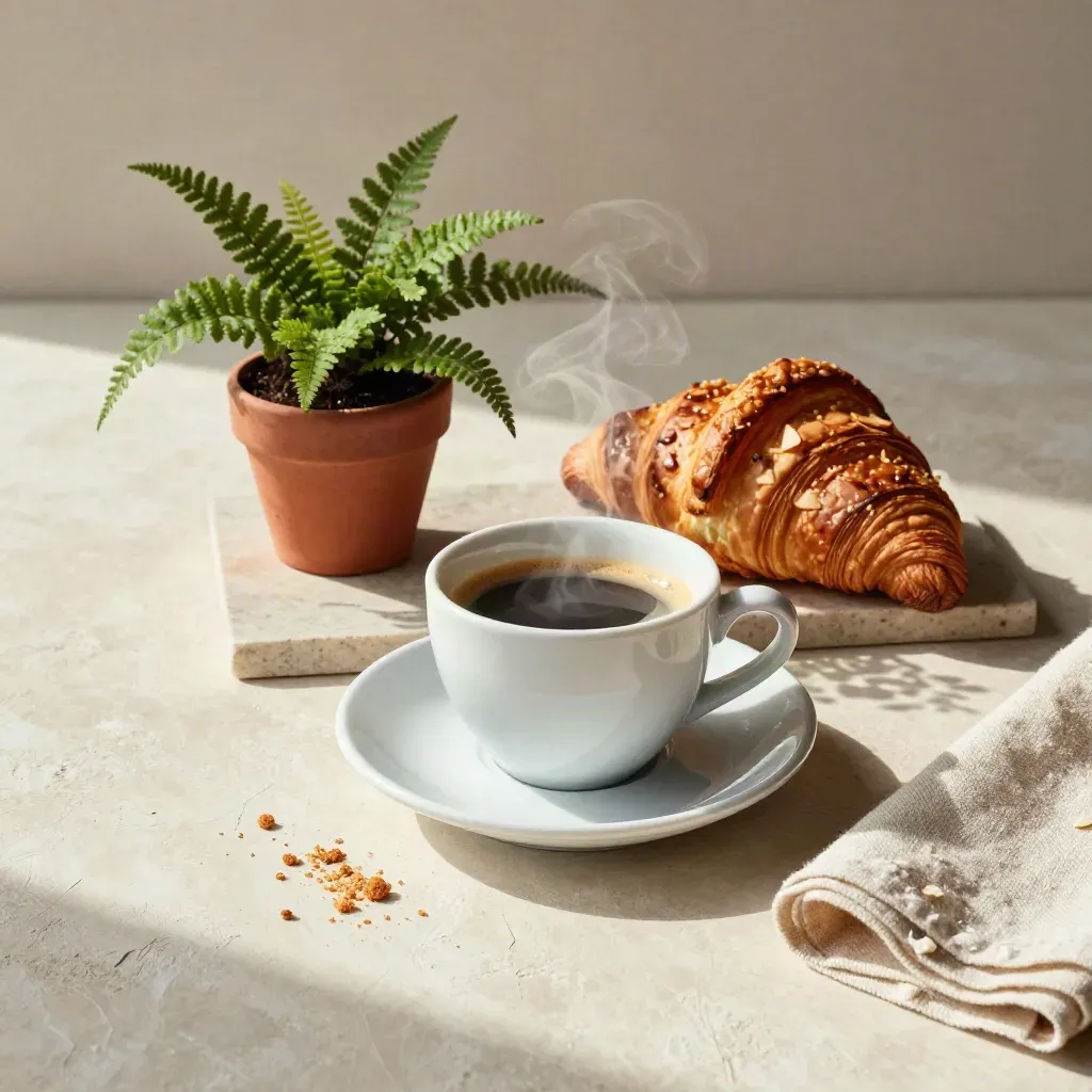 Espresso cup, almond croissant, and small fern on a stone tray in soft morning light.
