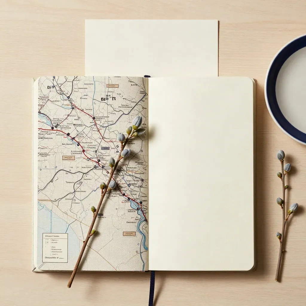 Folded map, notebook, seed branch, and ceramic plate on pale wood