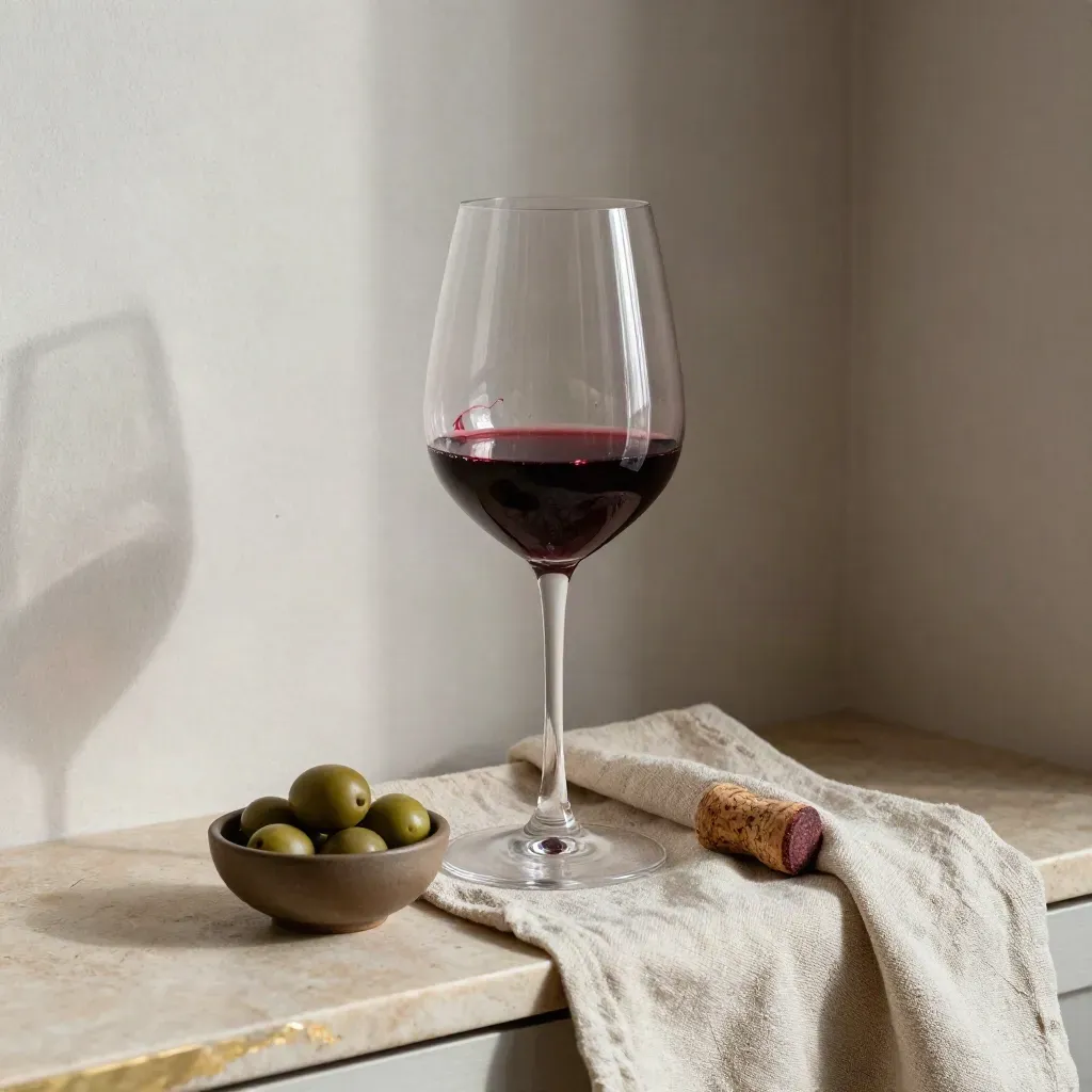 Half-poured wine glass, cork, olive bowl, and linen runner in a plaster wall niche.
