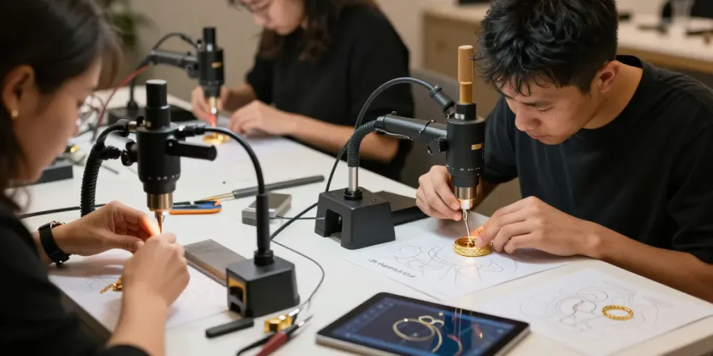 Proses pembuatan perhiasan emas berkualitas tinggi di EMAS88 dengan teknologi laser presisi.