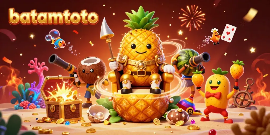 Experience the vibrant world of batamtoto with a golden pineapple king surrounded by casino elements.