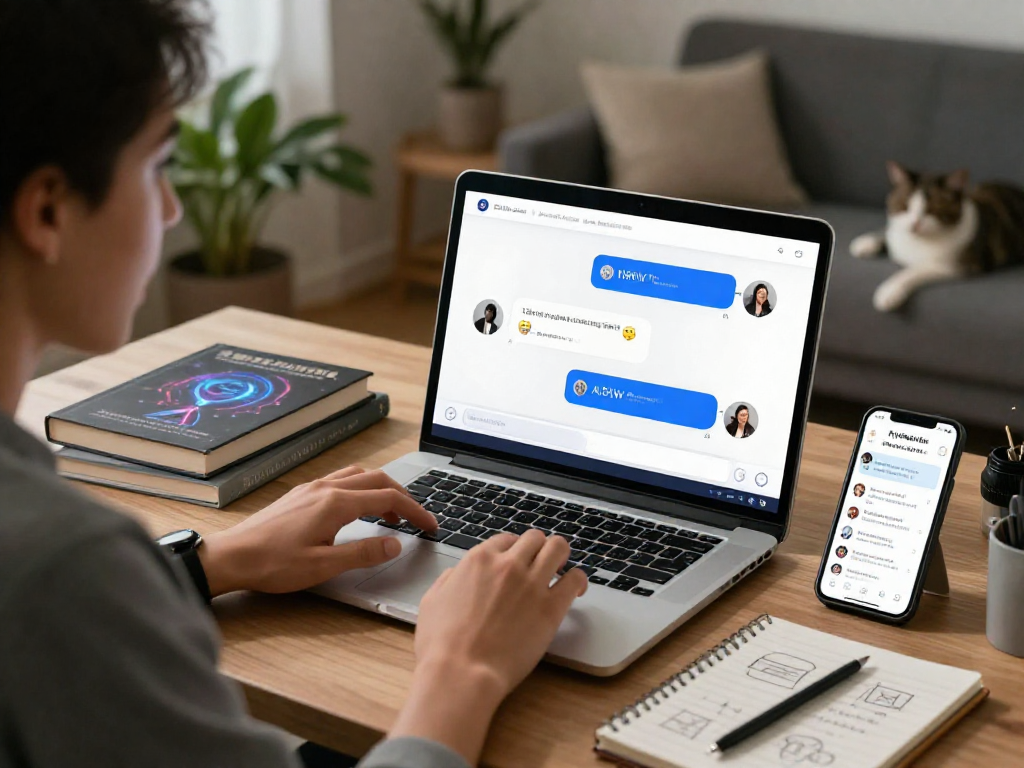 Engaging with an AI chat nsfw interface in a cozy home office.