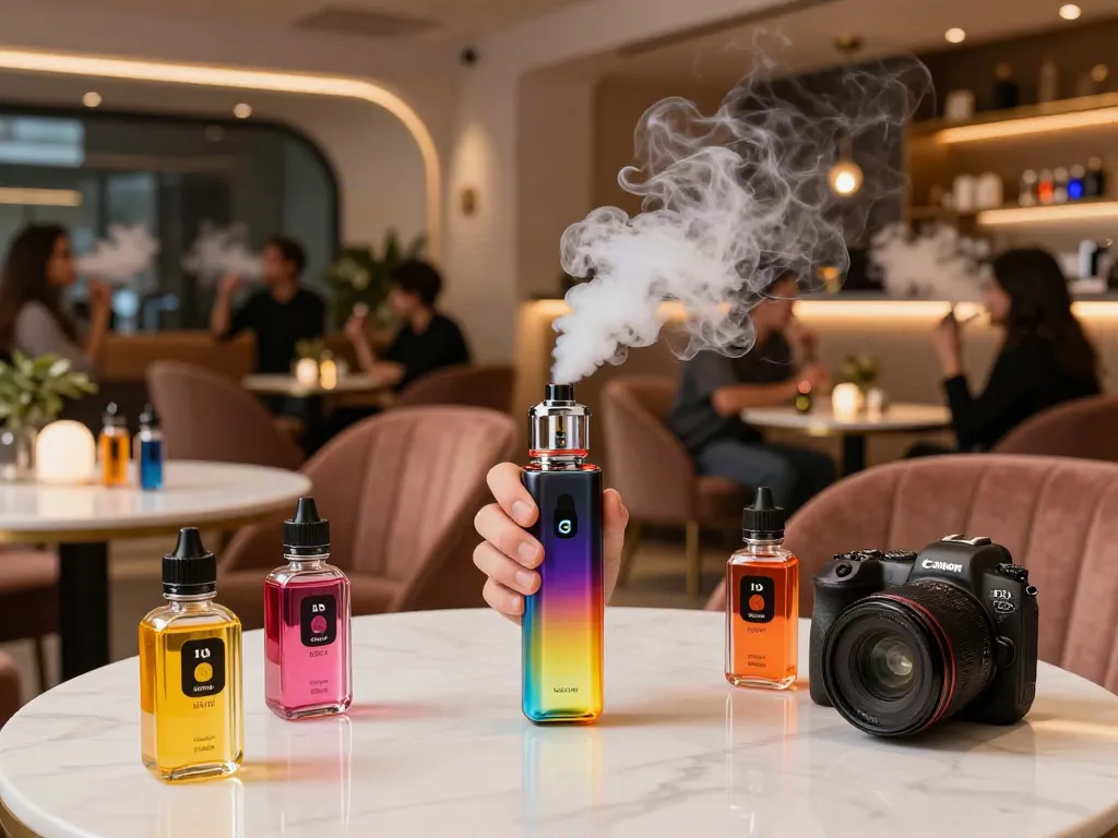 Nomenon e liquid 100ml bottles displayed in a vibrant lounge with happy vapers enjoying their experience.