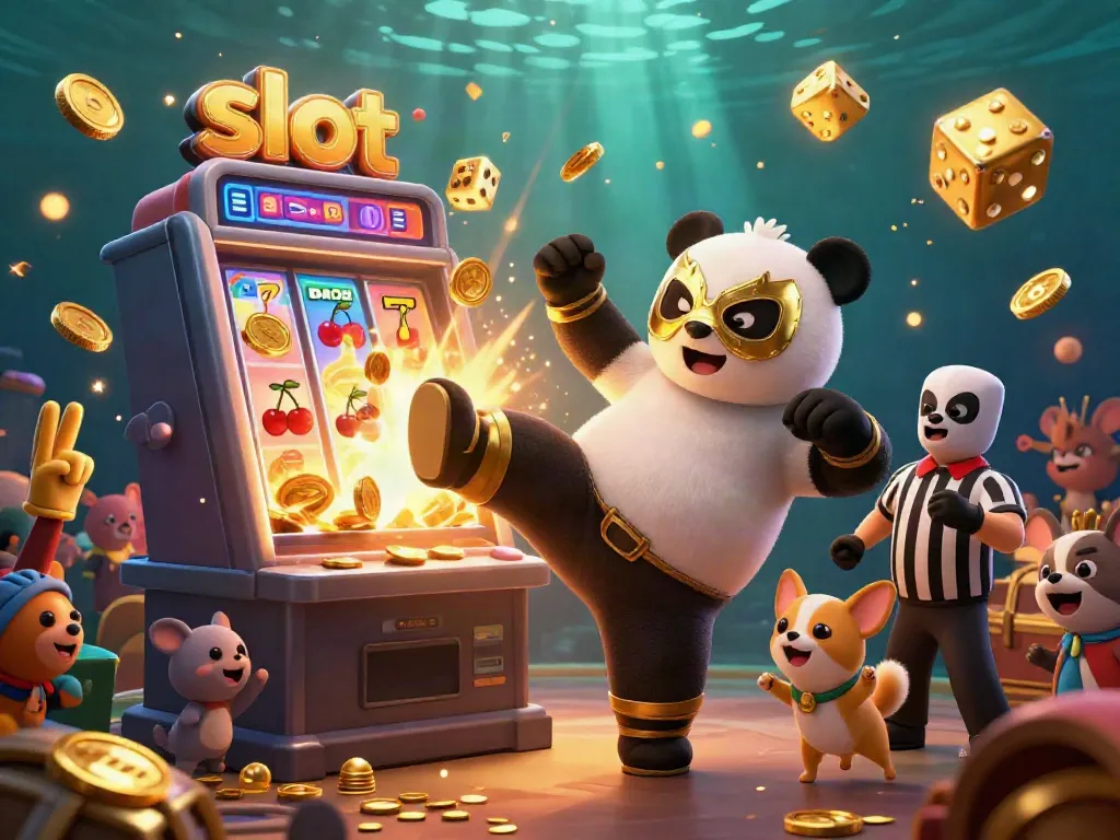 Experience the excitement of slots as a panda wrestler kicks off a jackpot celebration with vibrant casino elements.