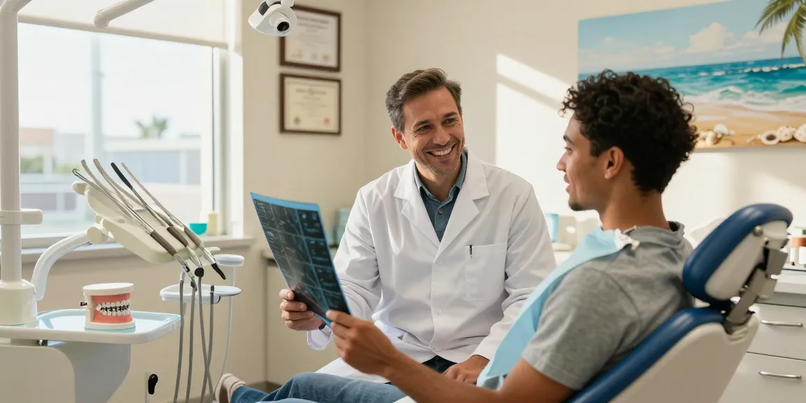 Dental implants Newport Beach consultation scene with friendly dentist and patient in a modern clinic.