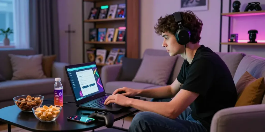 Accessing bigdewa login in a vibrant gaming setup with laptop and snacks.