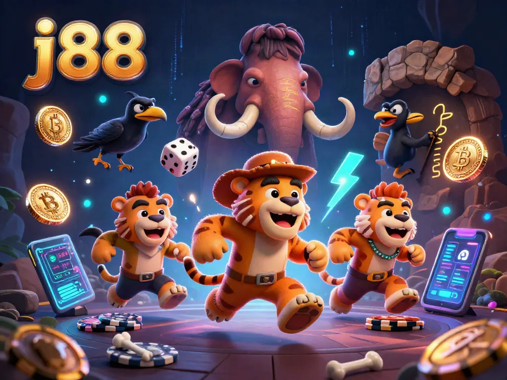 Join the excitement at j88 with a vibrant prehistoric casino scene featuring caveman duo and crypto elements.