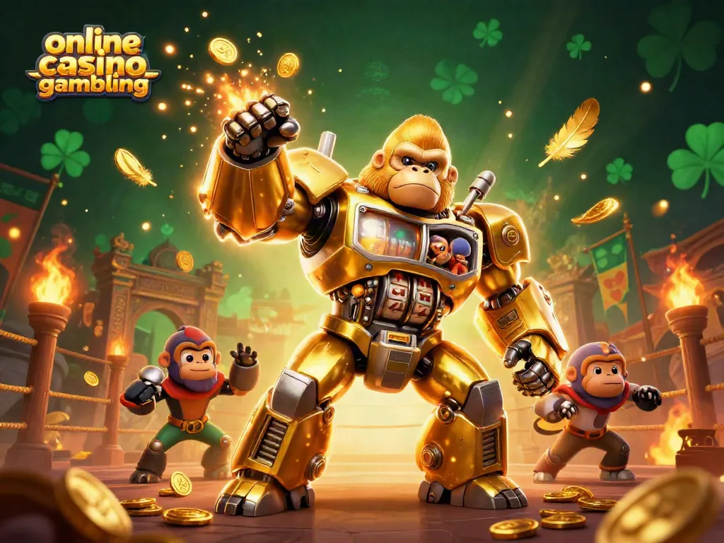 Engaging scene of online casino gambling featuring a golden gorilla mech and vibrant casino elements.