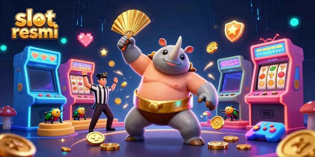 Experience thrilling gameplay with slot resmi depicted in a vibrant scene featuring a rhinoceros beetle sumo champion.