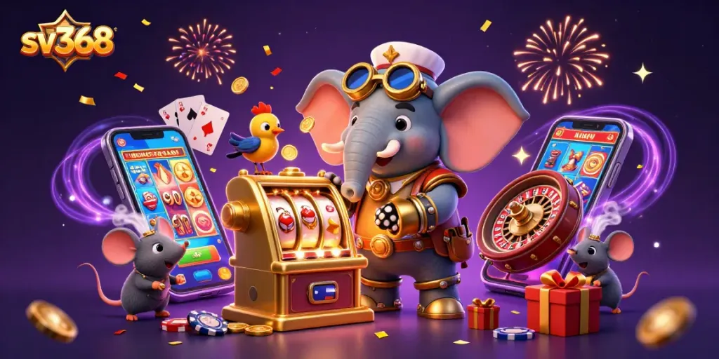 Engage with sv368's golden slot machine adventure featuring a steampunk elephant and dynamic game elements.