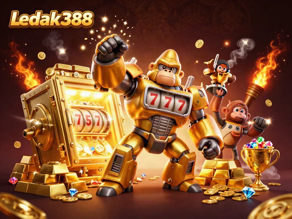 Experience the thrill of Ledak388 with a dynamic casino-themed 3D illustration of a golden mech.