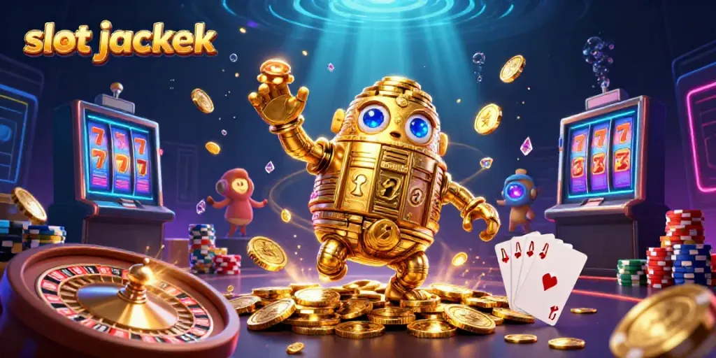 Menang slot jackpot dengan karakter golem emas dan simbol mesin slot mengelilinginya.