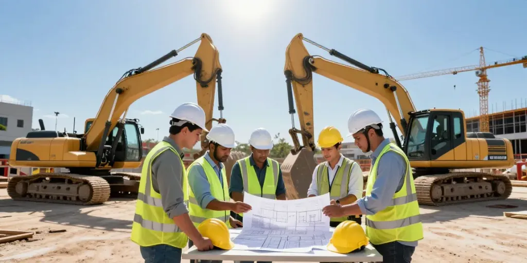 Panafrican Equipment at a bustling construction site with engineers inspecting machinery and collaborating.