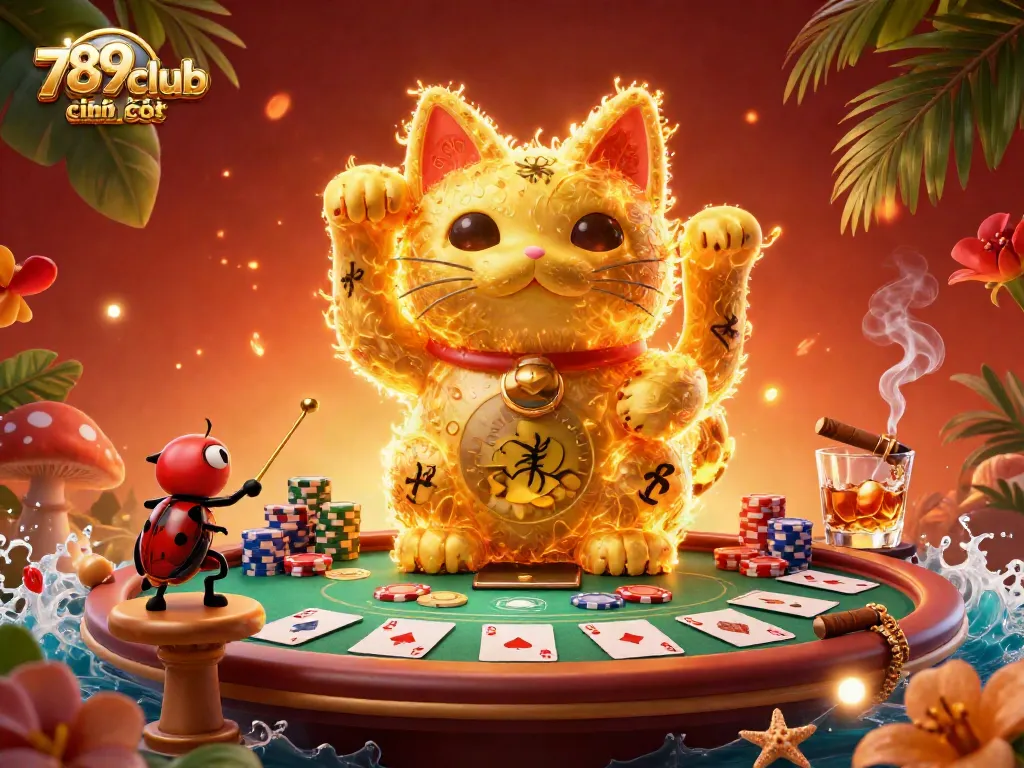 Experience the excitement of 789club chính thức with a vibrant illustration of a lucky cat formed by golden fireflies, set against dazzling poker elements.