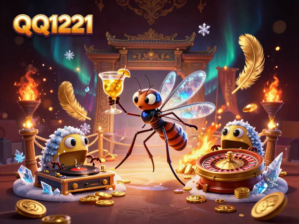 Join the excitement with QQ1221's vibrant casino scene featuring a unique frozen mosquito mascot.