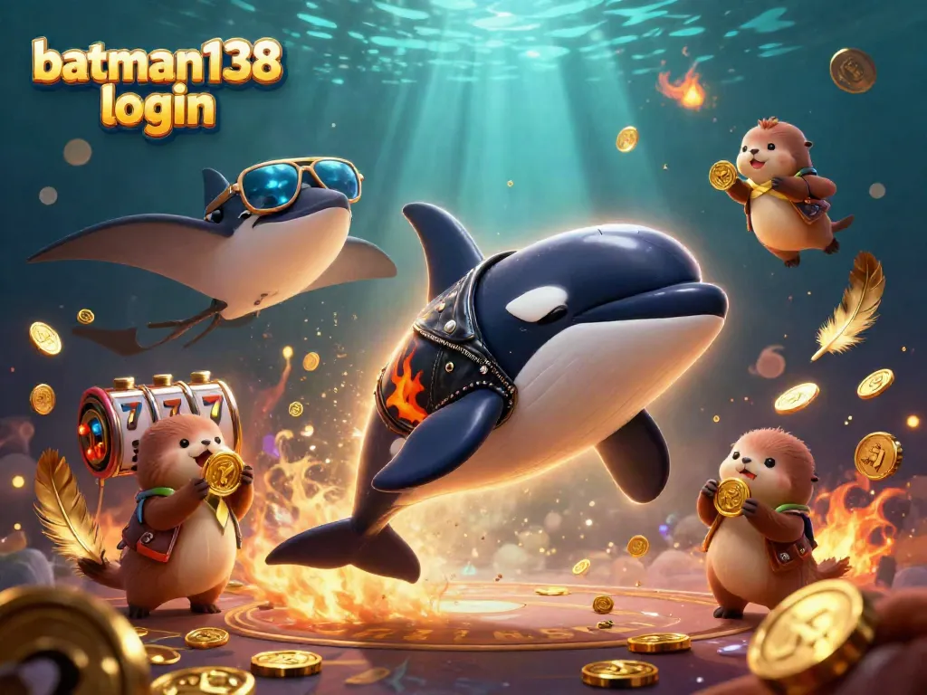 Experience the excitement of batman138 login as a cartoon orca performs a jump in a lively casino scene.