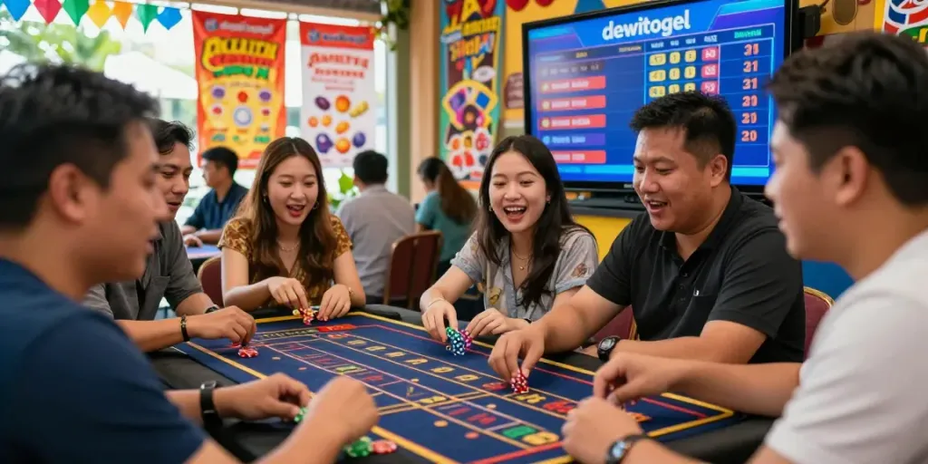 Pengunjung bersemangat di acara togel Dewitogel, menikmati suasana taruhan yang hidup.