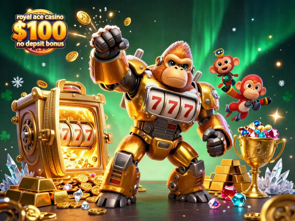 Spin to win with the royal ace casino $100 no deposit bonus amidst treasure and slot excitement.