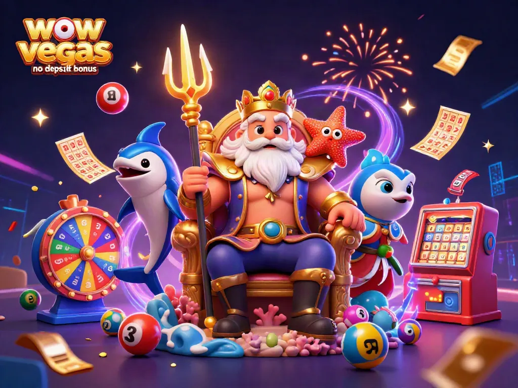 Win big with wow vegas no deposit bonus in this vibrant casino-themed illustration