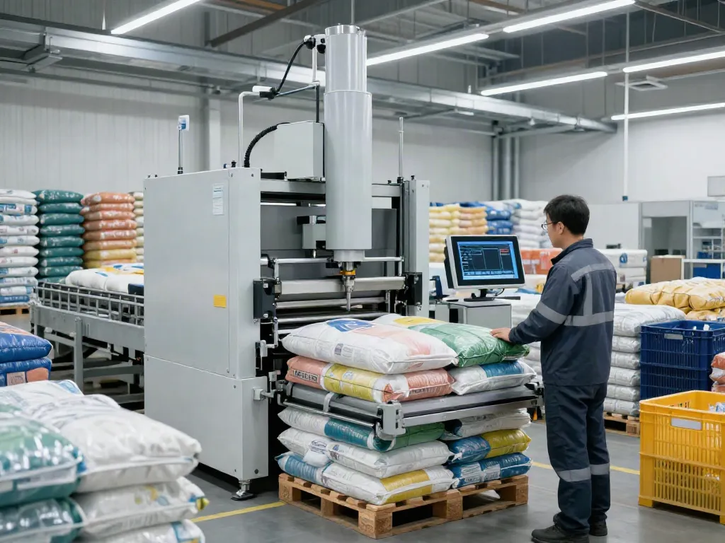 Automatic bag palletizer machine efficiently stacking bags in a modern warehouse.