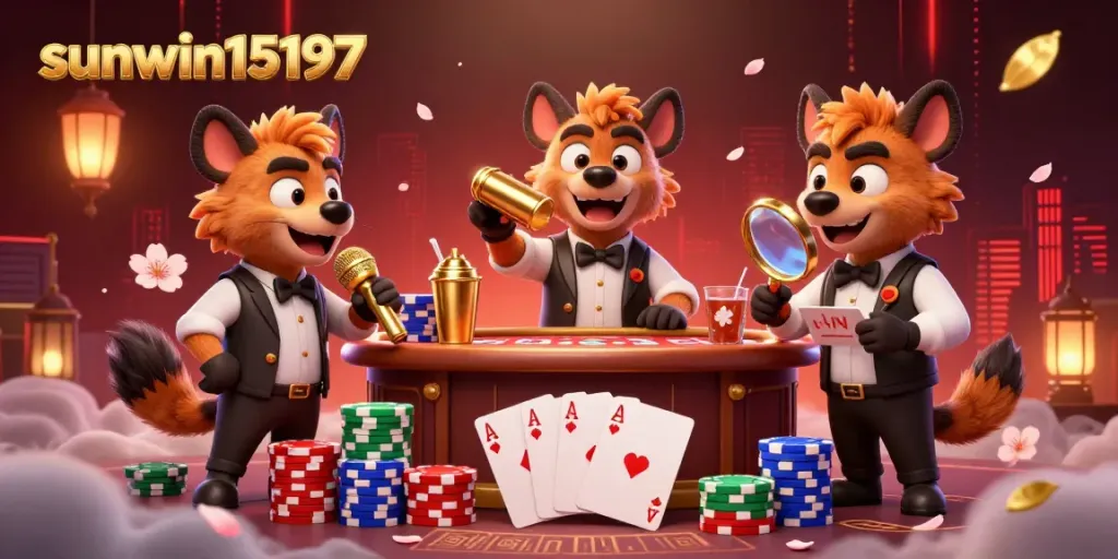 Hyenas entertaining at sunwin15197 casino with vibrant elements and poker theme.