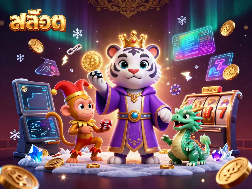 Engaging scene of slots featuring สล็อต with a royal tiger, jester monkey, and jade dragon, immersed in casino elements.