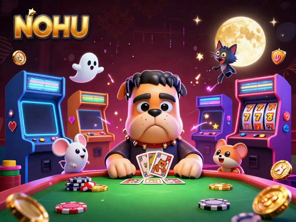 NOHU showcases an enchanted scene with a bulldog dealer and a ghost mouse amidst dynamic casino elements.