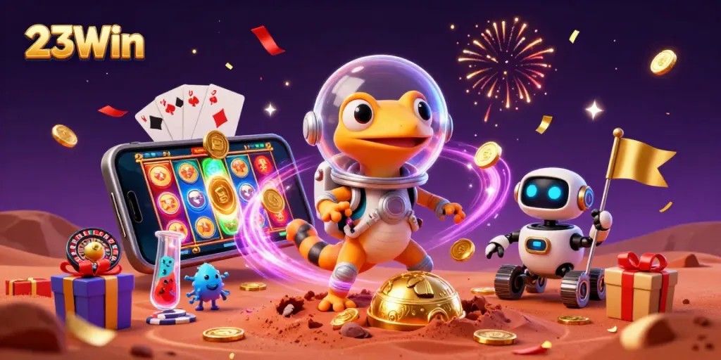 Engage with 23Win's vibrant online casino scene featuring a Martian gecko discovering riches.