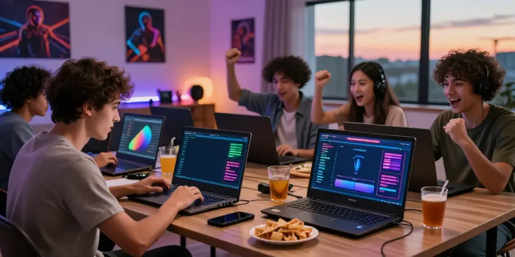 Diverse group enjoying Situs togel online betting experience in a cozy living room.