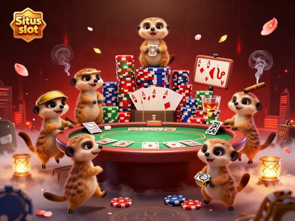 Situs slot illustration with meerkats in a lively casino scene showcasing elaborate poker elements.