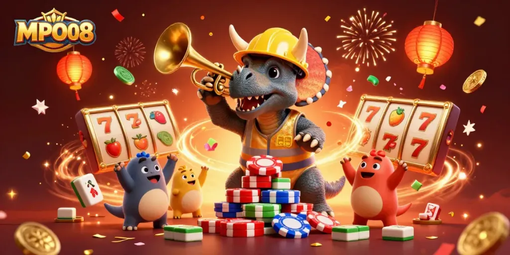 MPO08 celebrates with a vibrant scene featuring a triceratops and unique casino elements, packed with excitement.