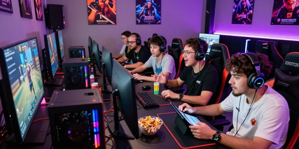 Group of friends enjoying QQMacan gaming session in lively lounge setting.