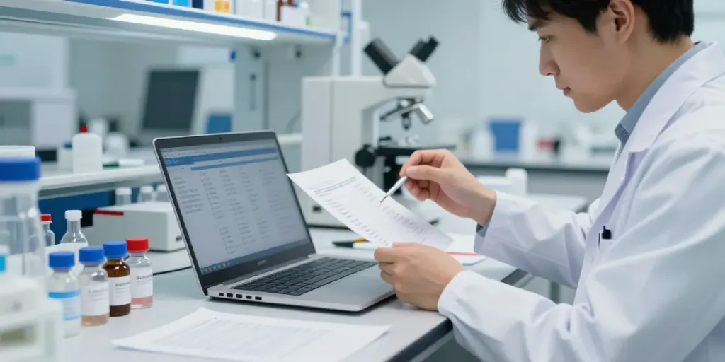 Researcher comparing peptideprices in a modern lab environment.