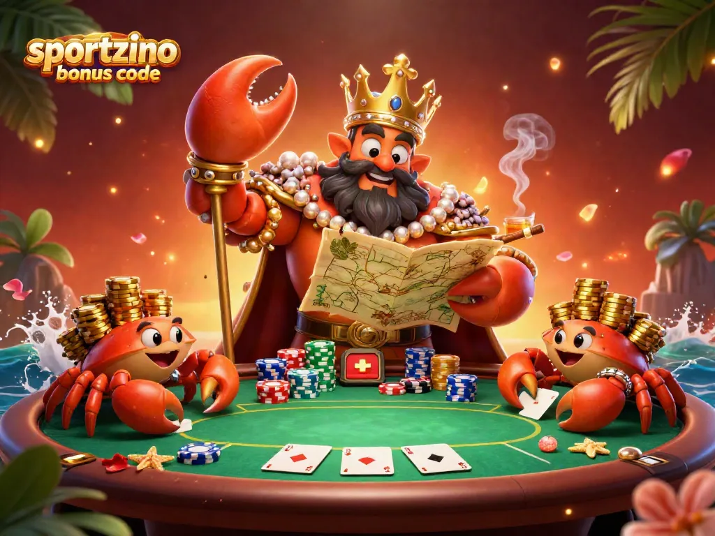 Win big with Sportzino bonus code showcasing a golden crab emperor at a poker table.