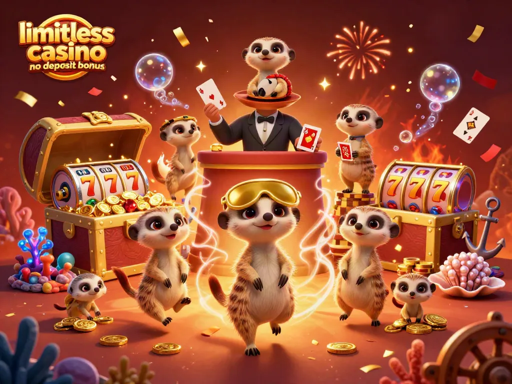 Experience the thrill of limitless casino no deposit bonus with playful meerkats in a vibrant casino scene.