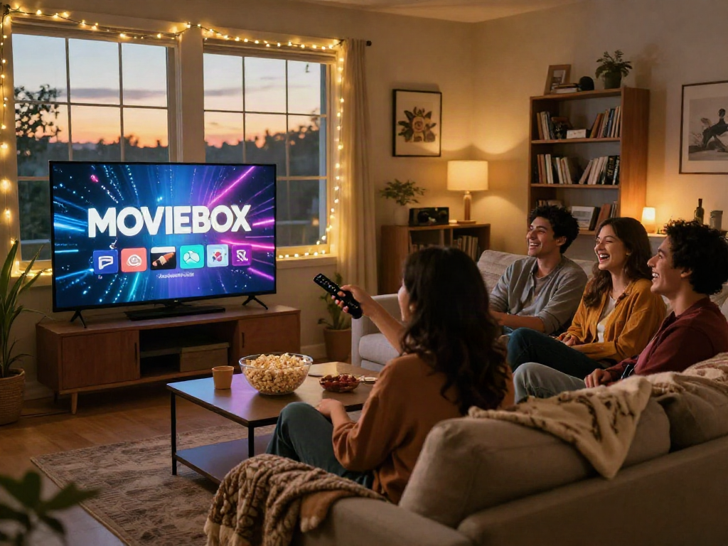 Friends enjoying a vibrant Moviebox screening in a cozy living room during an evening gathering.