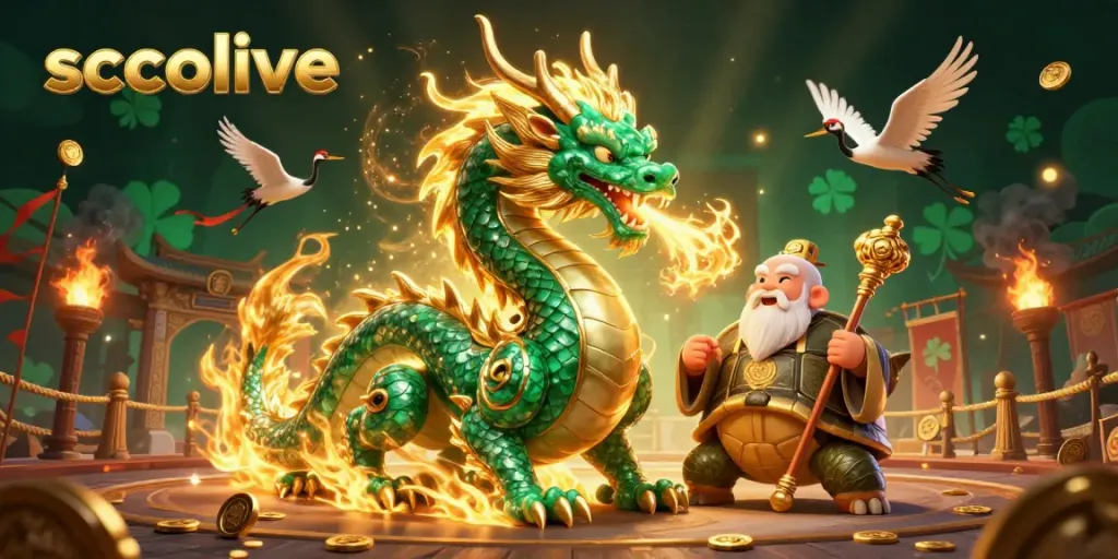 Socolive's enchanting illustration captivates players with a jade dragon and wise turtle in a vibrant gambling scene.