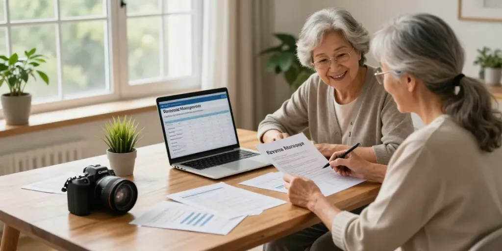 Couple reviewing reverse mortgages at a cozy home office.