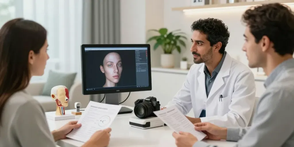 Dr Chacra engaging with a patient using 3D imaging technology for rhinoplasty.