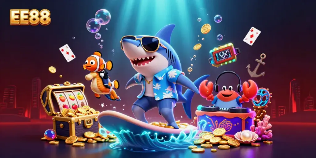 Experience thrilling casino action with EE88 as the shark surfs on gold coins amidst vivid 3D elements.