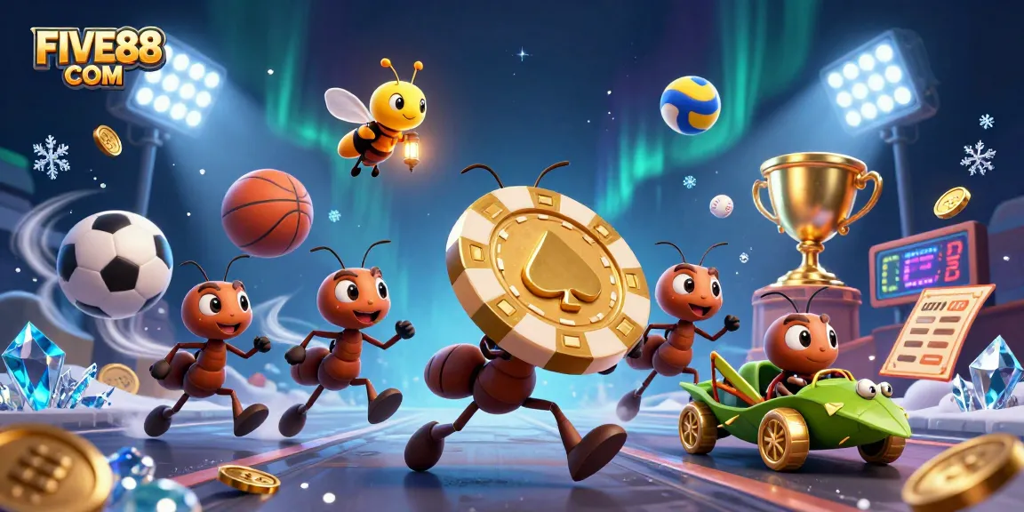 Engage in thrilling gameplay with FIVE88 COM, showcasing a heist by cartoon ants amidst a dynamic casino scene.