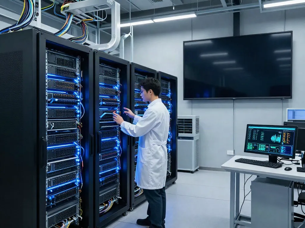 AI data center with technician inspecting GPU racks and monitoring performance metrics, showcasing advanced technology.