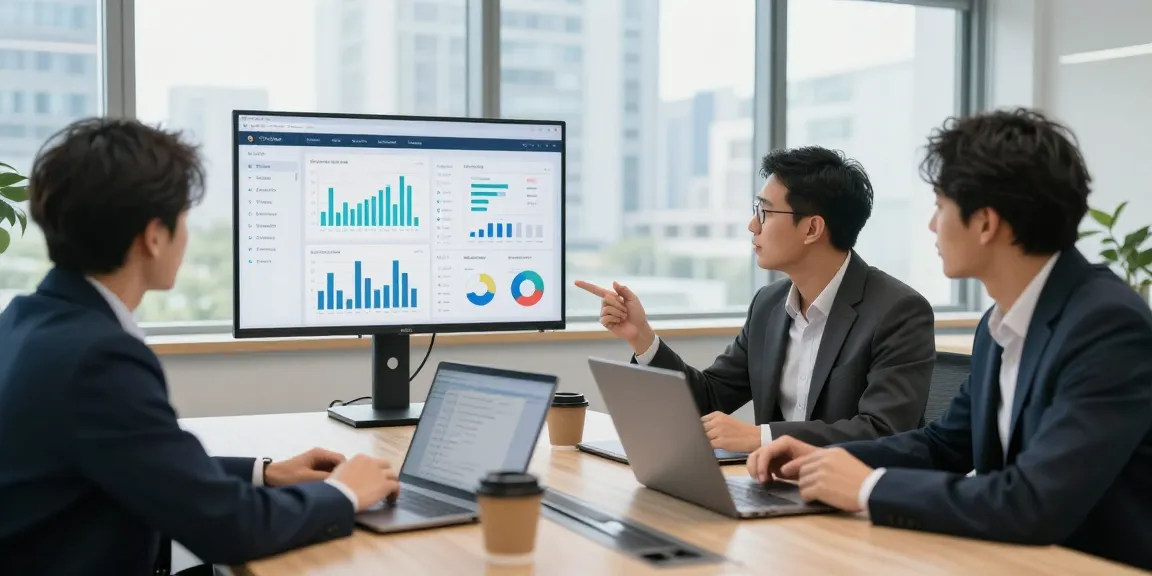 Buy app installs strategy meeting with team analyzing app performance and analytics in modern office.