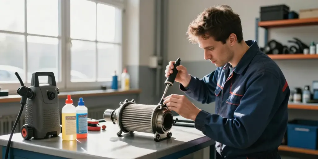 DPF reinigung hannover - technician cleaning diesel particulate filter in bright automotive workshop.