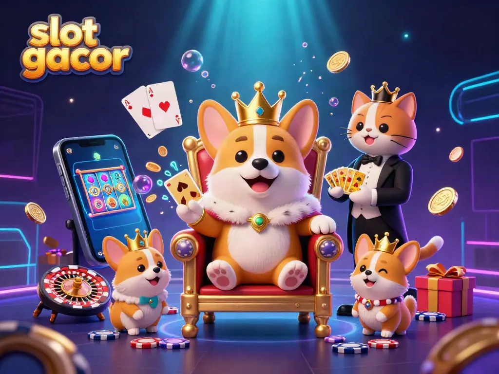 Engage with slot gacor through an ultra-detailed 3D illustration of a royal corgi hosting a vibrant casino scene.